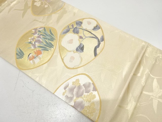 Camellia with mandarin duck and iris pattern woven into a pouch obi